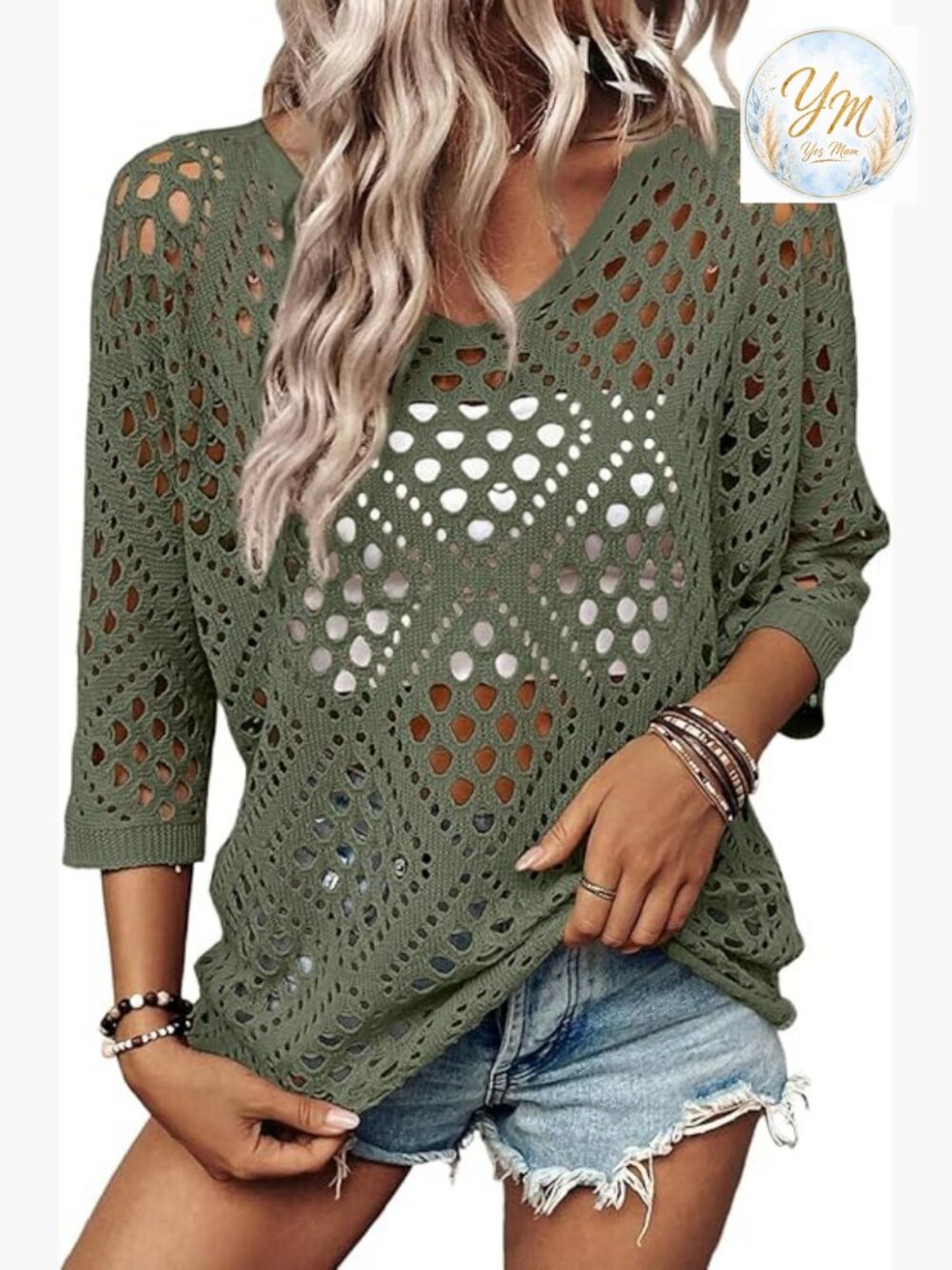 V-Neck Crochet Hollow Out 3/4 Sleeve Pullover Sweater Beach Cover Up Top